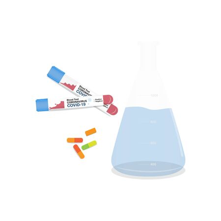 Chemical laboratory equipment covid-19, Erlenmeyer flask, rapid test and capsule tablets covid-19. coronavirus science research toolのイラスト素材