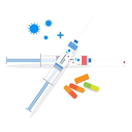 coronavirus vaccine injection and capsule on white background. Vaccination is one of the most effective ways to prevent diseasesのイラスト素材