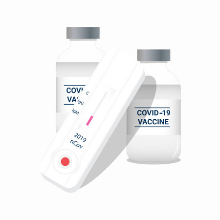 Coronavirus vaccine COVID-19. Vaccine and vaccination program. rapid test and vial vaccine vector illustrationのイラスト素材