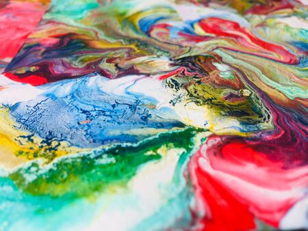 Close Up Colorful Fluid Pouring Abstract Art Acrylic Painting Texture Backgroundの写真素材