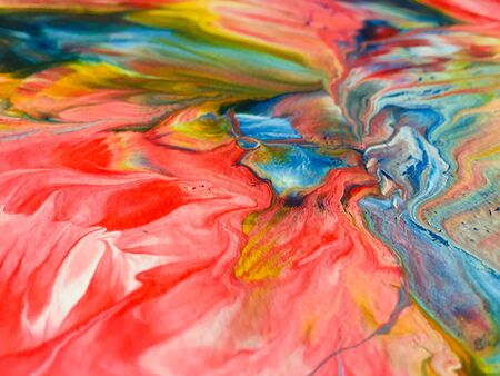 Close Up Colorful Fluid Pouring Abstract Art Acrylic Painting Texture Backgroundの写真素材