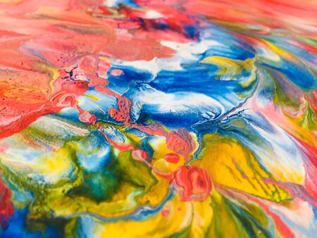 Close Up Colorful Fluid Pouring Abstract Art Acrylic Painting Texture Backgroundの写真素材