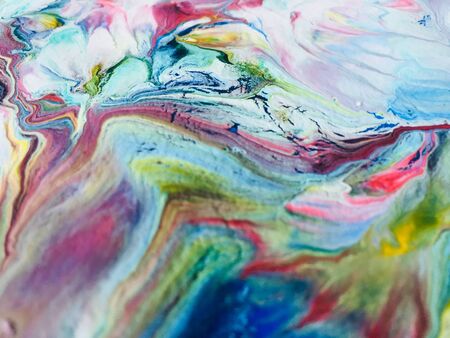 Close Up Colorful Fluid Pouring Abstract Art Acrylic Painting Texture Backgroundの写真素材