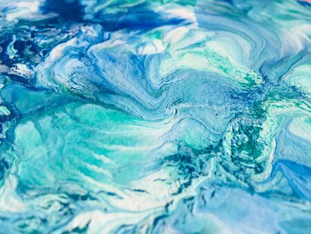 Close Up Colorful Blue Green White Fluid Pouring Abstract Art Acrylic Painting Texture Backgroundの写真素材