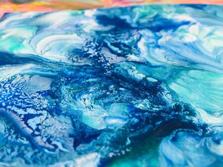 Close Up Colorful Blue Green White Fluid Pouring Abstract Art Acrylic Painting Texture Backgroundの写真素材