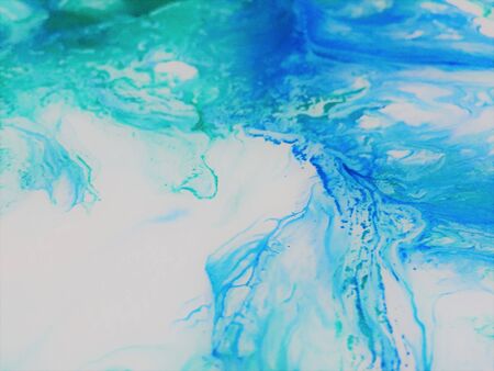 Close Up Colorful Blue Green White Fluid Pouring Abstract Art Acrylic Painting Texture Backgroundの写真素材