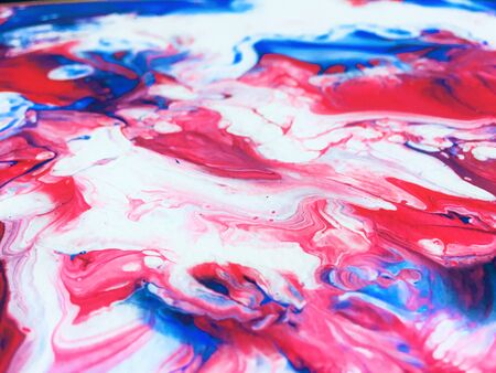 Close Up Colorful Red Blue White Fluid Pouring Abstract Art Acrylic Painting Texture Backgroundの写真素材