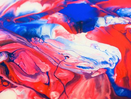 Close Up Colorful Red Blue White Fluid Pouring Abstract Art Acrylic Painting Texture Backgroundの写真素材
