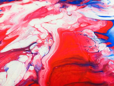Close Up Colorful Red Blue White Fluid Pouring Abstract Art Acrylic Painting Texture Backgroundの写真素材