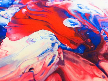 Close Up Colorful Red Blue White Fluid Pouring Abstract Art Acrylic Painting Texture Backgroundの写真素材