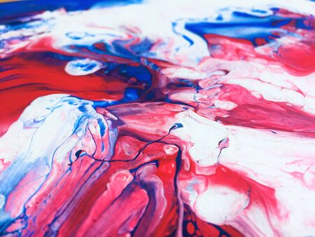 Close Up Colorful Red Blue White Fluid Pouring Abstract Art Acrylic Painting Texture Backgroundの写真素材