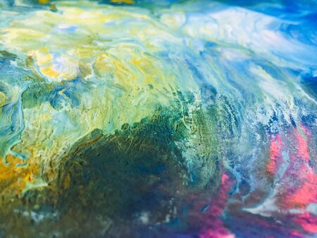 Close Up Colorful Fluid Pouring Abstract Art Acrylic Painting Texture Backgroundの写真素材