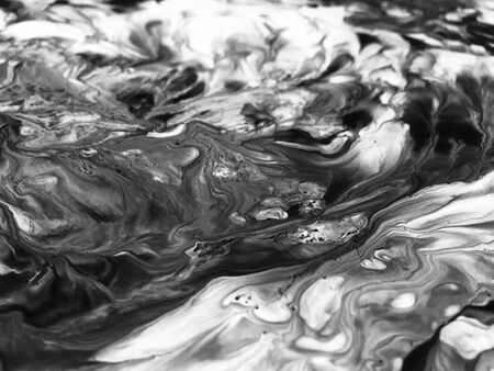 Close Up Black And White Colors Fluid Pouring Abstract Art Acrylic Painting Texture Backgroundの写真素材