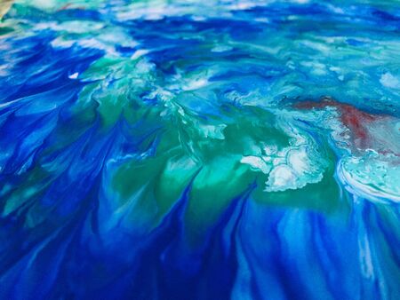 Close Up Colorful Blue Green White Fluid Pouring Abstract Art Acrylic Painting Texture Background