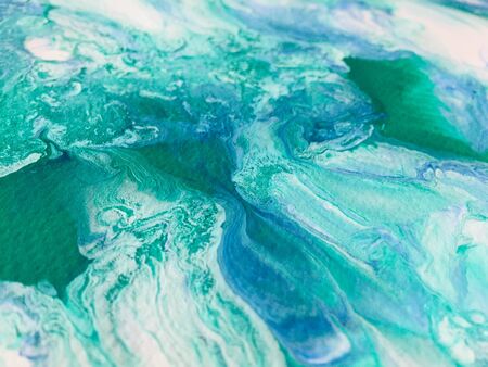 Close Up Colorful Blue Green White Fluid Pouring Abstract Art Acrylic Painting Texture Background
