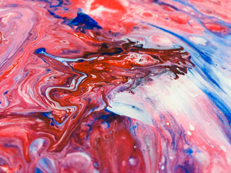 Close Up Red Blue White Colorful Fluid Pouring Abstract Art Acrylic Painting Texture Backgroundの写真素材