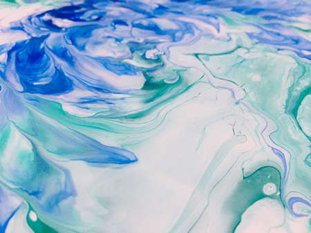 Close Up Colorful Blue Green White Fluid Pouring Abstract Art Acrylic Painting Texture Backgroundの写真素材