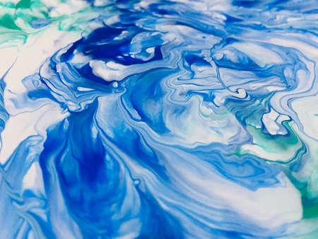 Close Up Colorful Blue Green White Fluid Pouring Abstract Art Acrylic Painting Texture Background