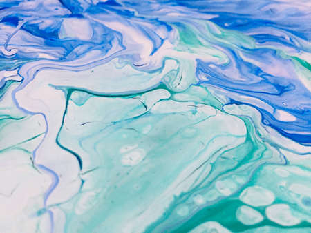 Close Up Colorful Blue Green White Fluid Pouring Abstract Art Acrylic Painting Texture Background
