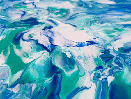 Close Up Colorful Blue Green White Fluid Pouring Abstract Art Acrylic Painting Texture Background