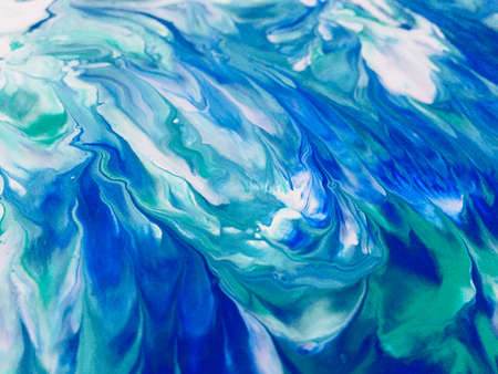 Close Up Colorful Blue Green White Fluid Pouring Abstract Art Acrylic Painting Texture Background