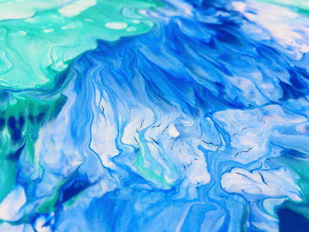 Close Up Colorful Blue Green White Fluid Pouring Abstract Art Acrylic Painting Texture Backgroundの写真素材