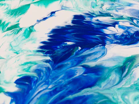 Close Up Colorful Blue Green White Fluid Pouring Abstract Art Acrylic Painting Texture Background