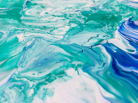Close Up Colorful Blue Green White Fluid Pouring Abstract Art Acrylic Painting Texture Backgroundの写真素材