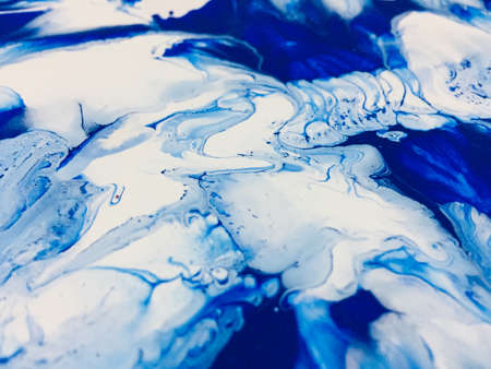 Close Up Colorful Blue And White Colors Fluid Pouring Abstract Art Acrylic Painting Texture...