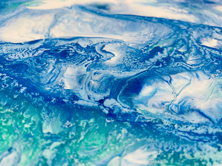 Close Up Colorful Blue Green White Colors Fluid Pouring Abstract Art Acrylic Painting Texture...