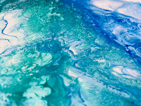 Close Up Colorful Blue Green White Colors Fluid Pouring Abstract Art Acrylic Painting Texture...