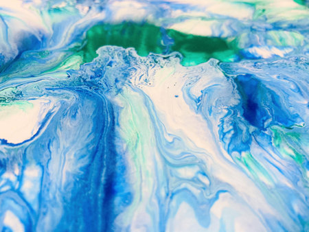 Close Up Colorful Blue Green White Colors Fluid Pouring Abstract Art Acrylic Painting Texture Backgroundの写真素材