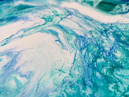 Close Up Colorful Blue Green White Colors Fluid Pouring Abstract Art Acrylic Painting Texture Backgroundの写真素材