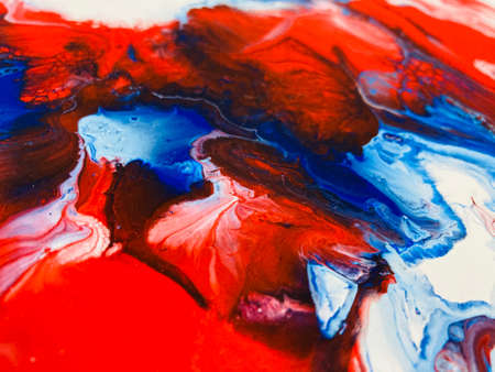 Close Up Colorful Red Blue White Fluid Pouring Abstract Art Acrylic Painting Texture Backgroundの写真素材