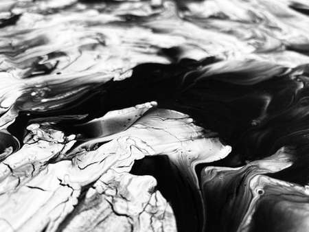 Close Up Black and White Colors Fluid Pouring Abstract Art Acrylic Painting Texture Backgroundの写真素材