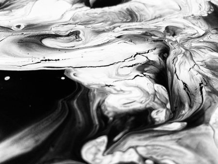 Close Up Black and White Colors Fluid Pouring Abstract Art Acrylic Painting Texture Backgroundの写真素材