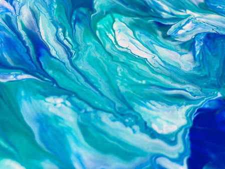 Close Up Colorful Blue Green White Fluid Pouring Abstract Art Acrylic Painting Texture Backgroundの写真素材