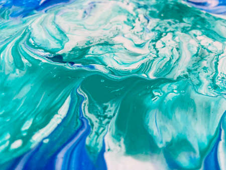 Close Up Colorful Blue Green White Fluid Pouring Abstract Art Acrylic Painting Texture Background