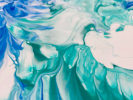 Close Up Colorful Blue Green White Fluid Pouring Abstract Art Acrylic Painting Texture Background