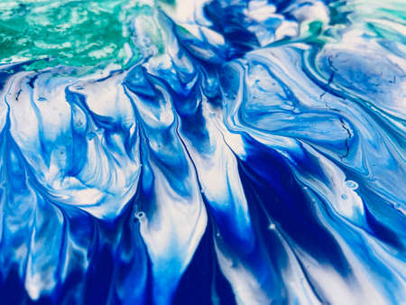 Close Up Colorful Blue Green White Fluid Pouring Abstract Art Acrylic Painting Texture Background