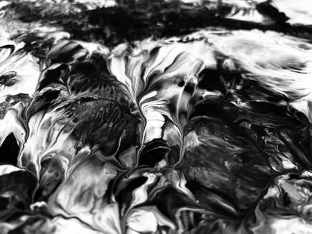 Close Up Black and White Colors Fluid Pouring Abstract Art Acrylic Painting Texture Background