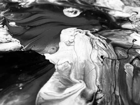 Close Up Black and White Colors Fluid Pouring Abstract Art Acrylic Painting Texture Backgroundの写真素材