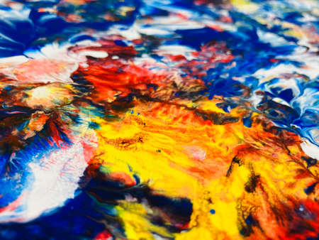 Close Up Colorful Fluid Pouring Abstract Art Acrylic Painting Texture Backgroundの写真素材