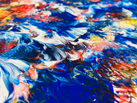 Close Up Colorful Fluid Pouring Abstract Art Acrylic Painting Texture Backgroundの写真素材