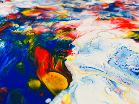 Close Up Colorful Fluid Pouring Abstract Art Acrylic Painting Texture Backgroundの写真素材