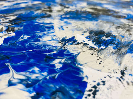 Close Up Blue White Colors Colorful Fluid Pouring Abstract Art Acrylic Painting Texture Backgroundの写真素材