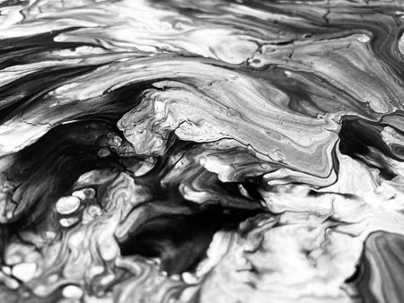Close Up Black and White Colors Fluid Pouring Abstract Art Acrylic Painting Texture Backgroundの写真素材