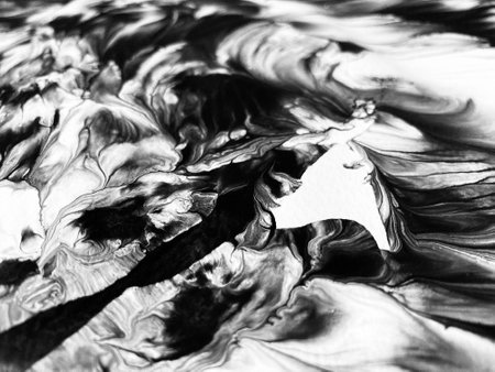 Close Up Black and White Colors Fluid Pouring Abstract Art Acrylic Painting Texture Backgroundの写真素材
