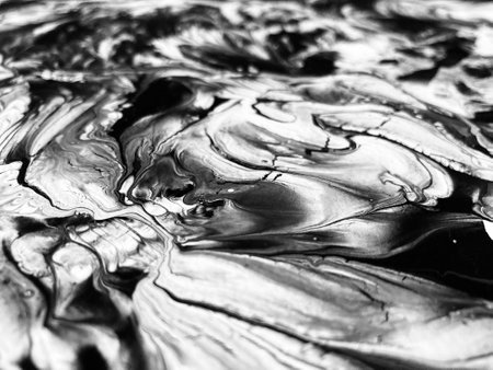 Close Up Black and White Colors Fluid Pouring Abstract Art Acrylic Painting Texture Backgroundの写真素材