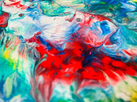 Close Up Colorful Fluid Pouring Abstract Art Acrylic Painting Texture Backgroundの写真素材